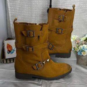 (R8) Libby Edelman Mustard yellow suede mid-calf boots with leather buckle,8.5M